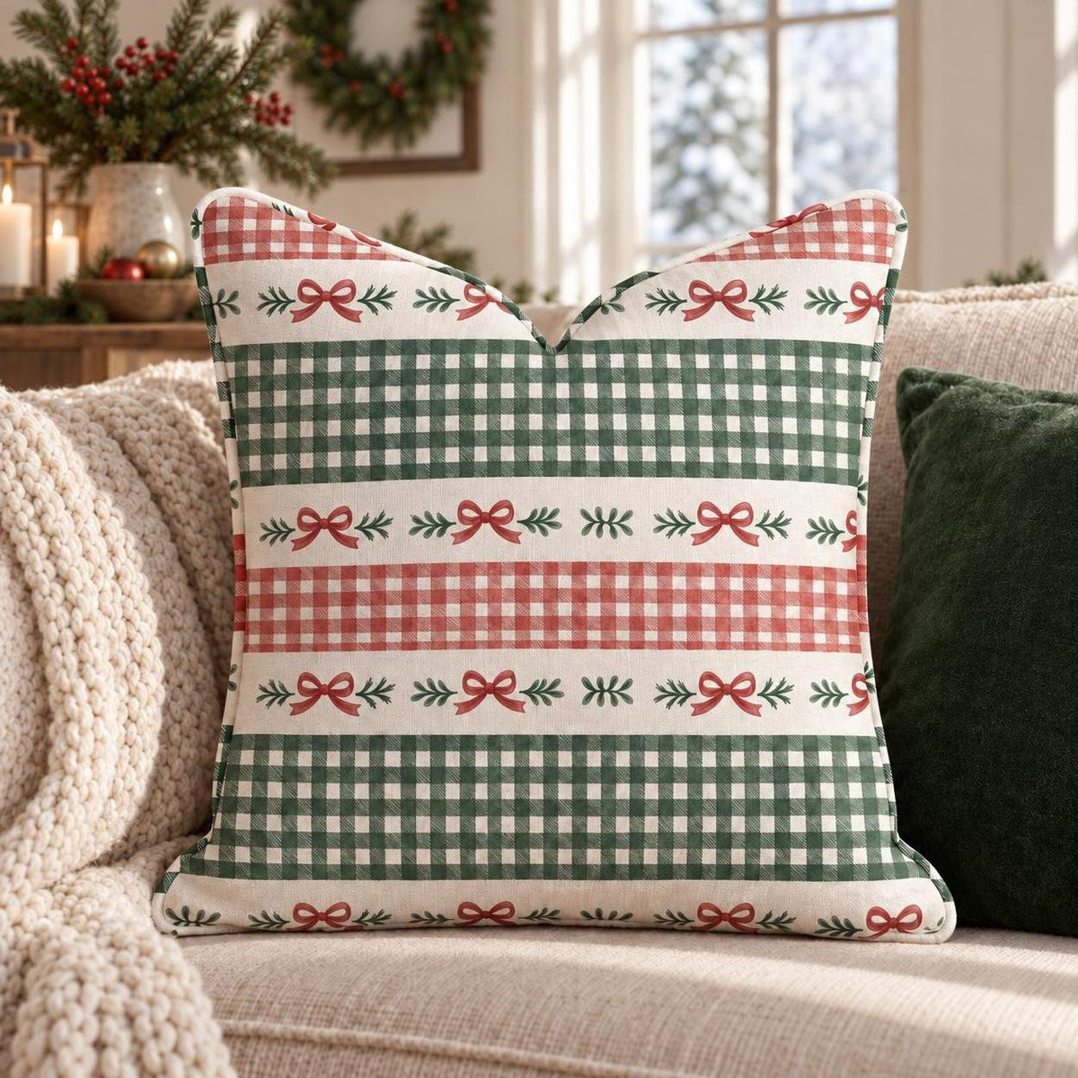 Gingham & Mistletoe Throw Pillow – Christmas lifestyle | hh:lifestyle:xmas-2026