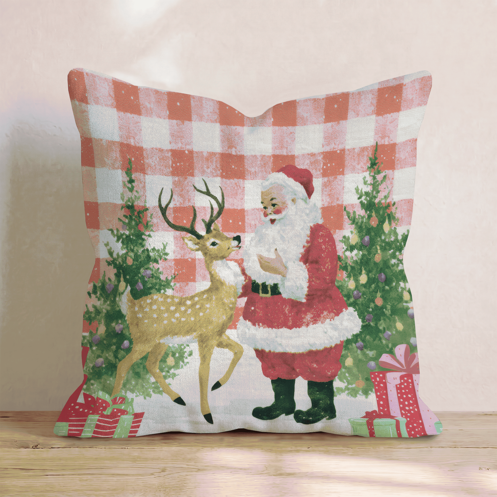 50s Tablecloth Santa Throw Pillow - Hillcroft Home