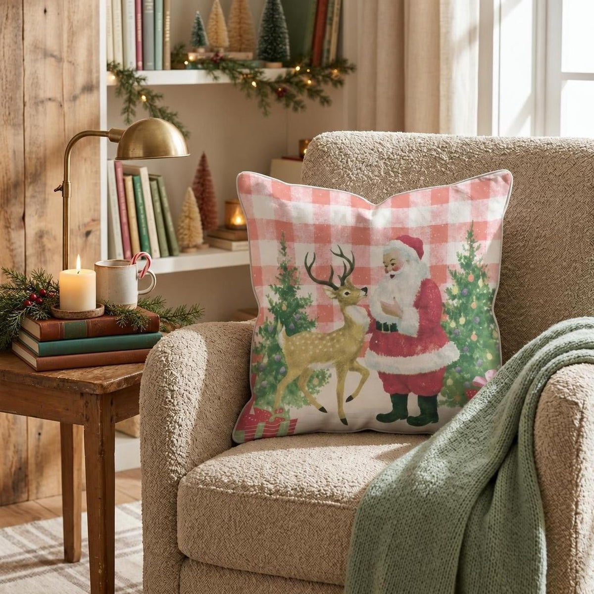 50s Tablecloth Santa Throw Pillow throw pillow - Hillcroft Home