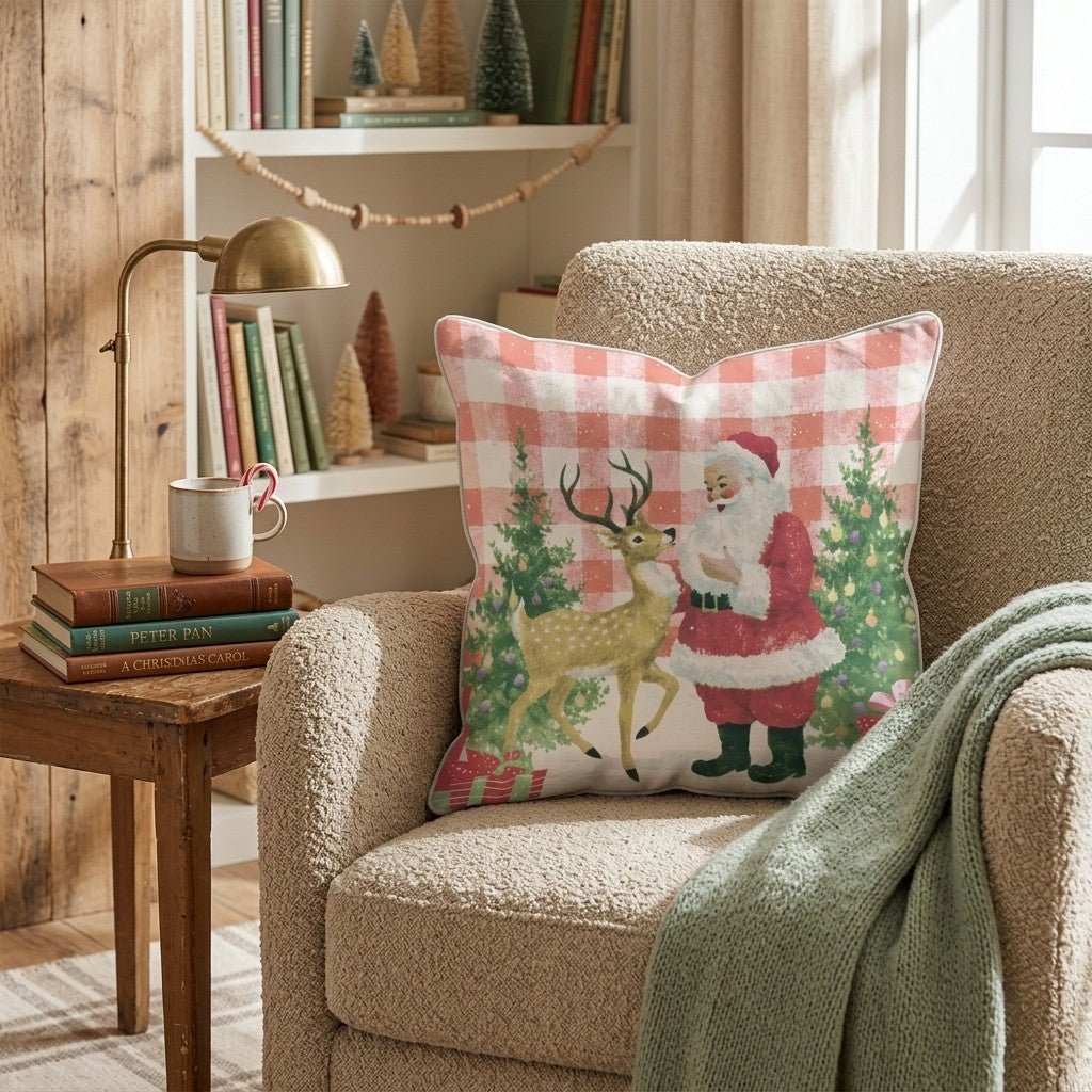 50s Tablecloth Santa Throw Pillow - Hillcroft Home