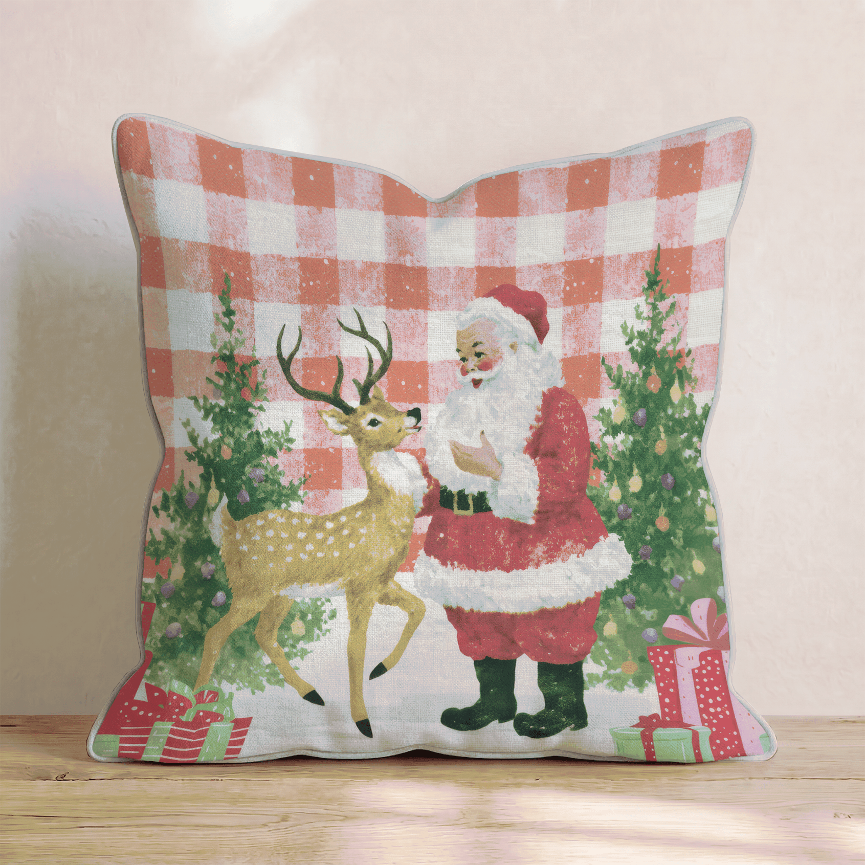 50s Tablecloth Santa Throw Pillow - Hillcroft Home