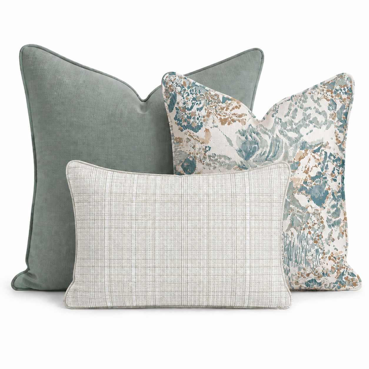 The Abstract Southwest Trio Throw Pillow Bundle by Hillcroft Home features three decorative pillows—a solid sage green pillow, an abstract blue and tan floral patterned pillow, and a rectangular light beige plaid pillow—arranged together on a white background.