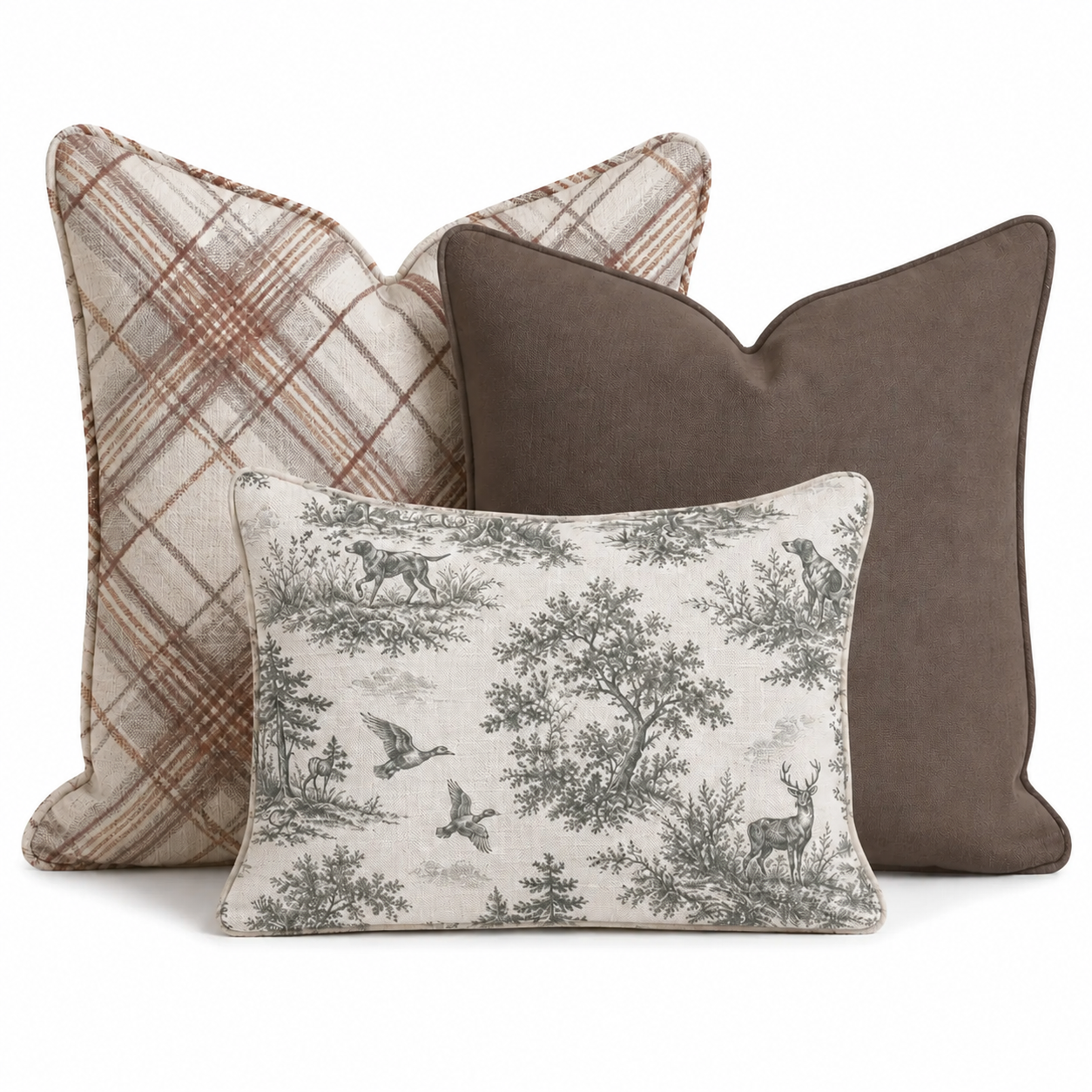 The Hillcroft Home Hunting Toile Trio Throw Pillow Bundle features three decorative pillows—one in plaid, one in solid brown, and one cream pillow adorned with a black nature and animal print—beautifully arranged together against a white background.