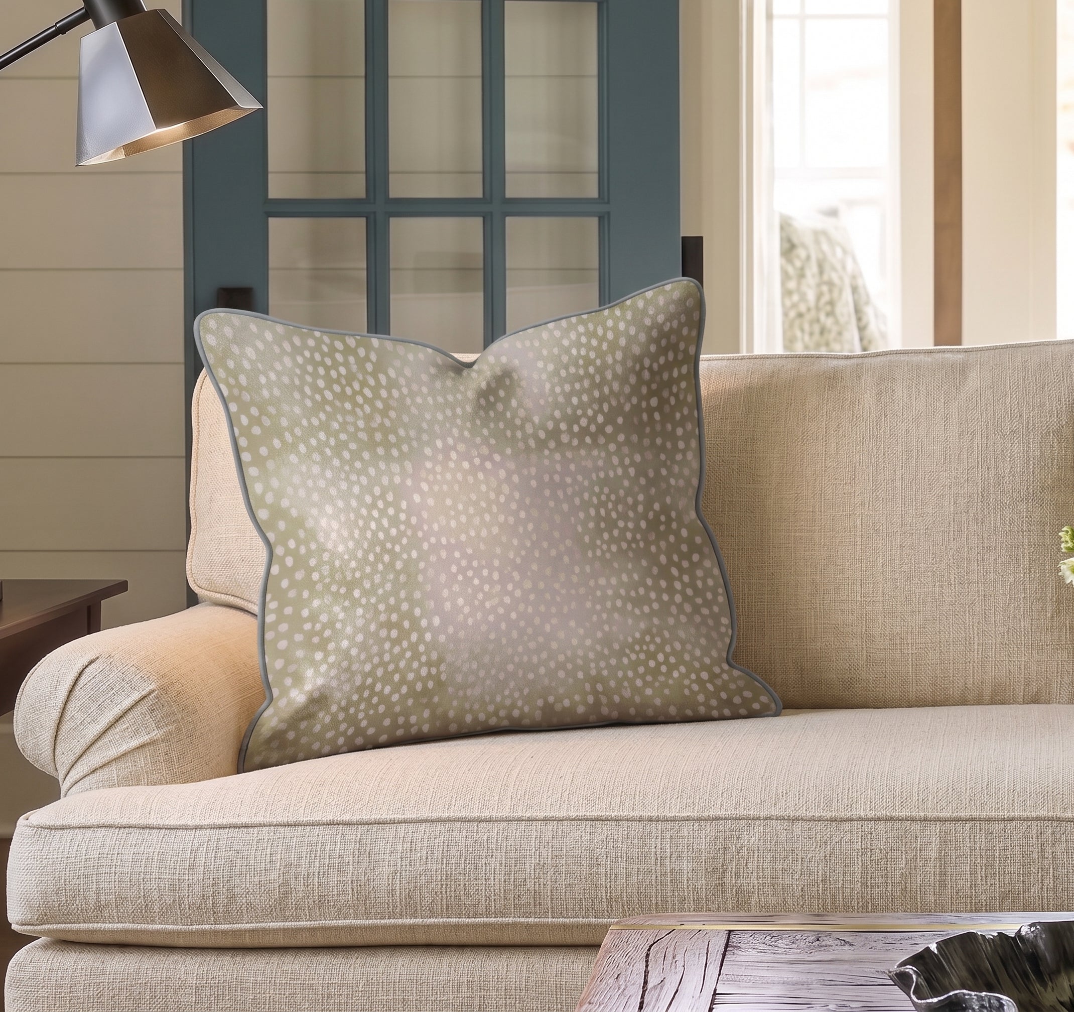 A beige couch with a large, square Hillcroft Home Dotted Powder Fawn Throw Pillow, crafted from a linen blend and made in the USA, sits in a cozy living room with a blue door and a lamp nearby.