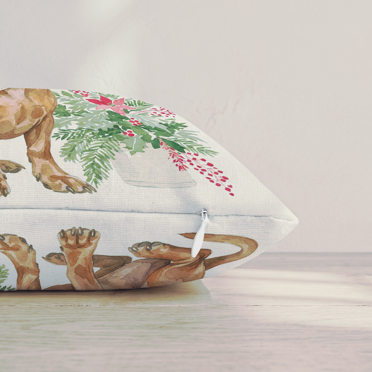 Poinsettia Bandana Dachshund Throw Pillow — Pillow Edge Zipper | hh:zipper:colorfix-20261006