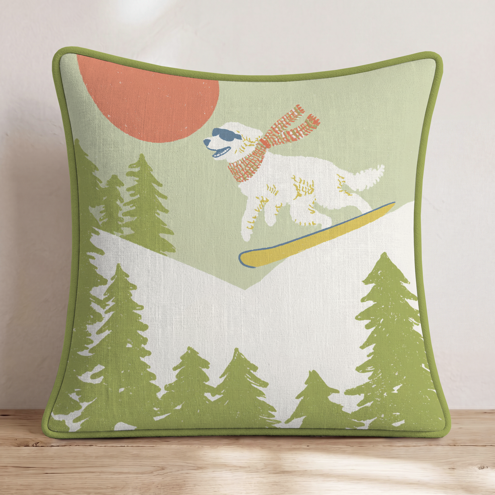Snowboard Pup Throw Pillow — Piping