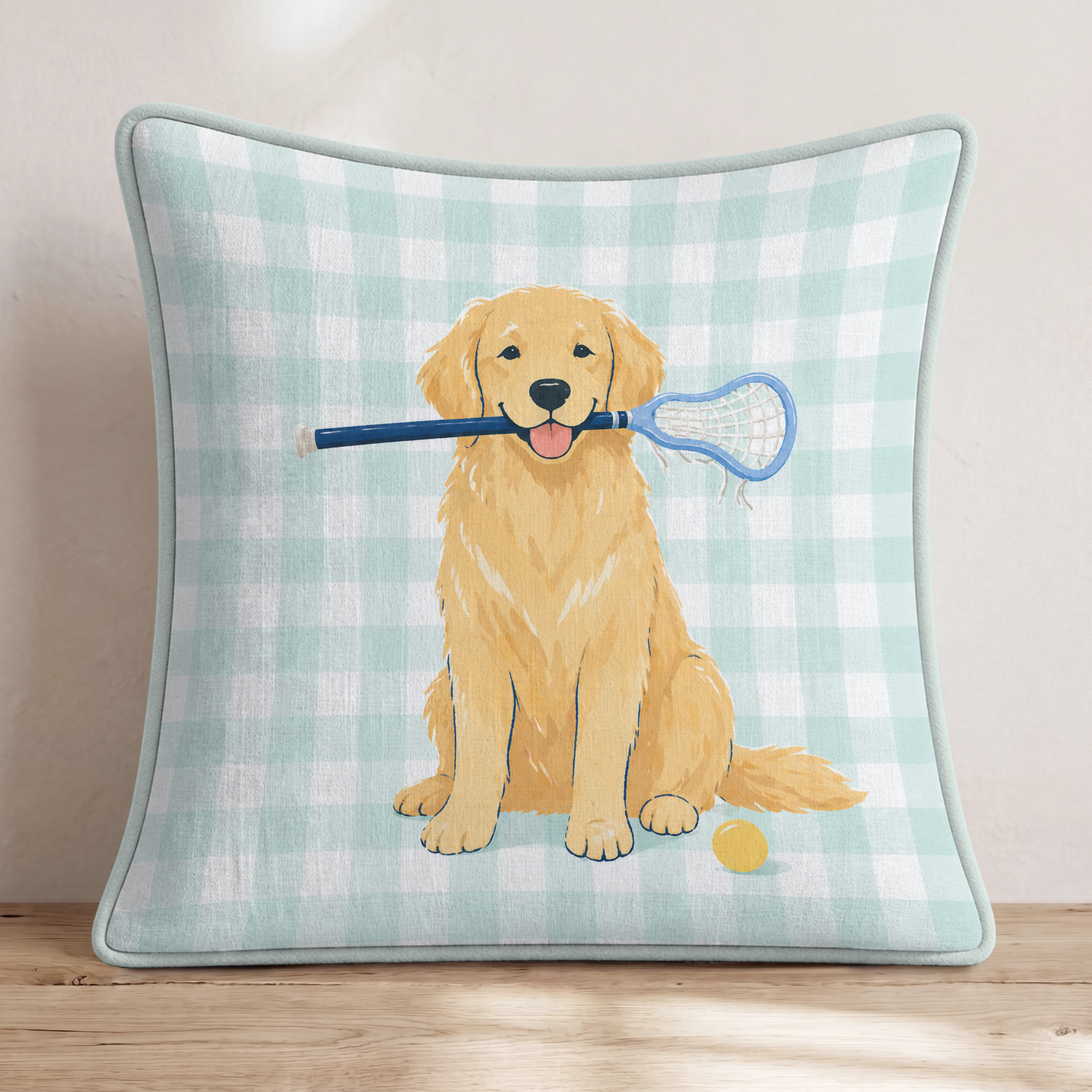 Golden Retriever Lacrosse Throw Pillow — Piping