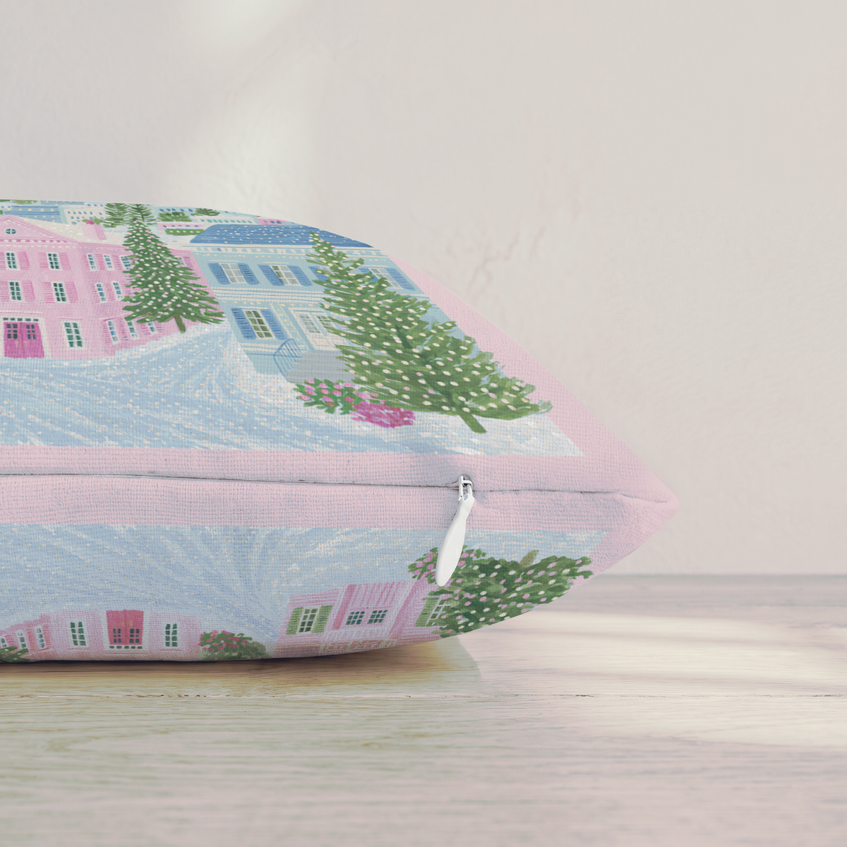 Pink Alpine Village Throw Pillow — Pillow Edge Zipper | hh:zipper:colorfix-20261006