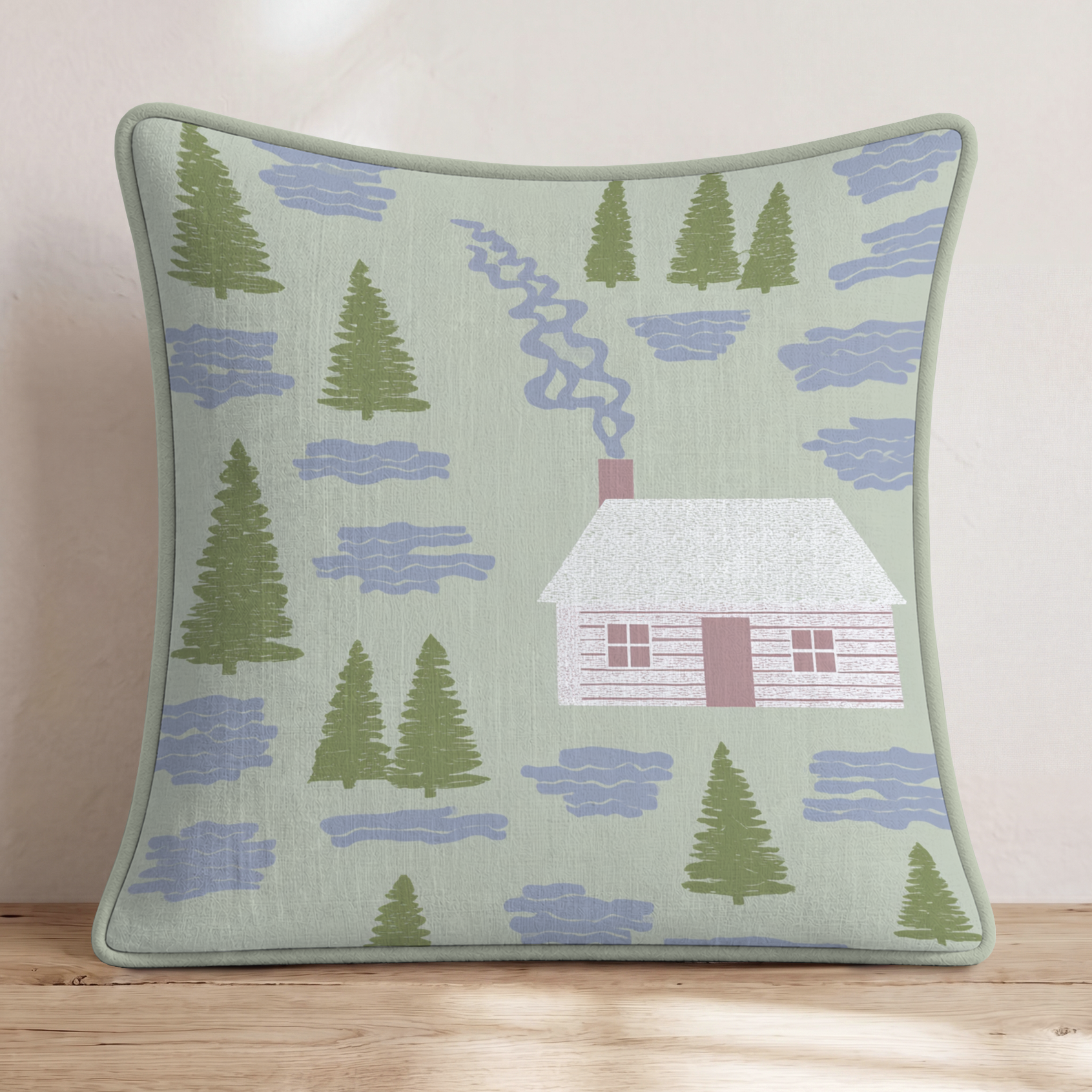 Cool Cabin Night Throw Pillow — Piping