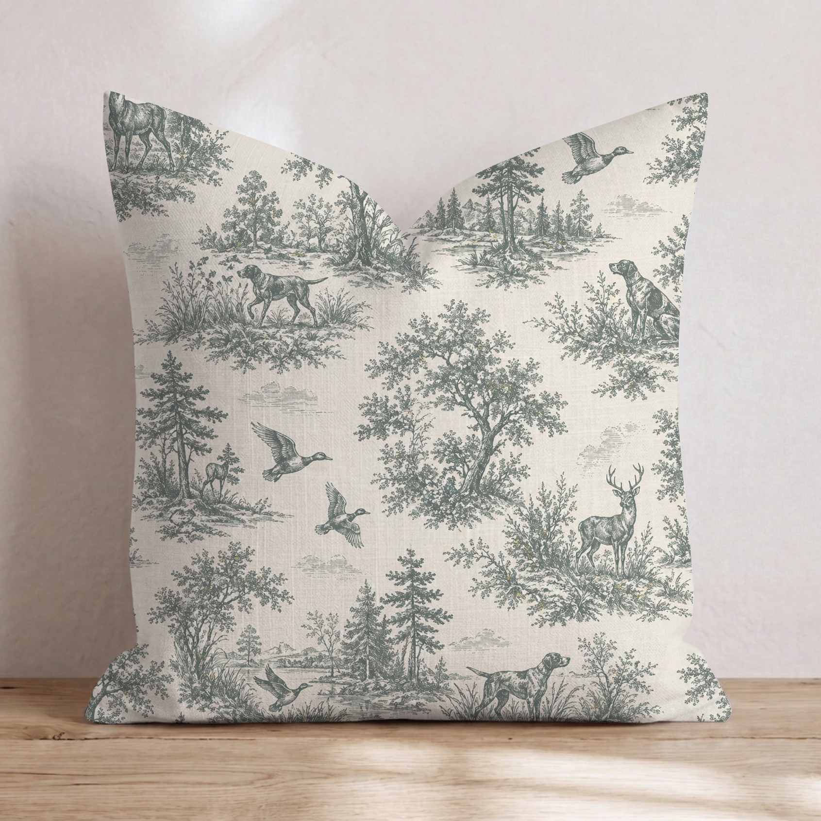 Hunting Toile Throw Pillow — Chopped 24x24 Knife Edge