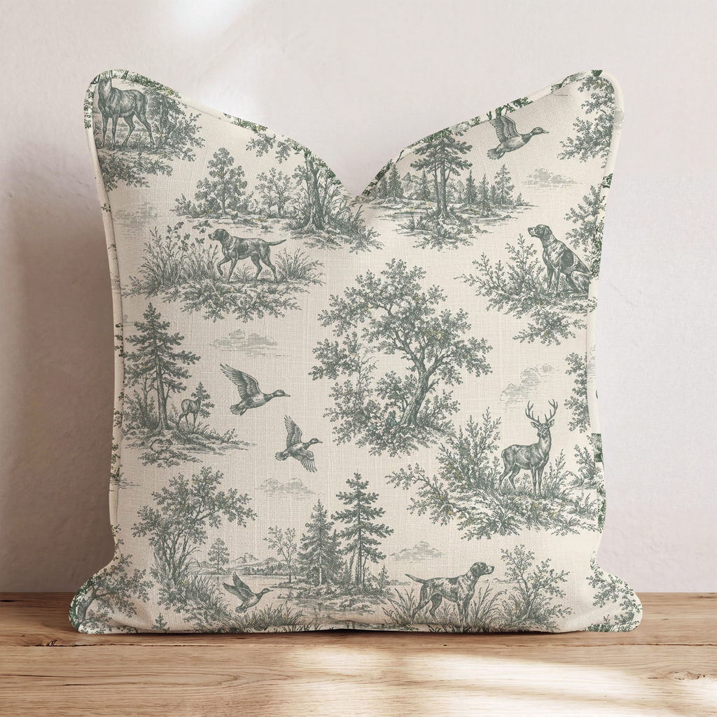 Hunting Toile Throw Pillow — Chopped 24x24 Piping