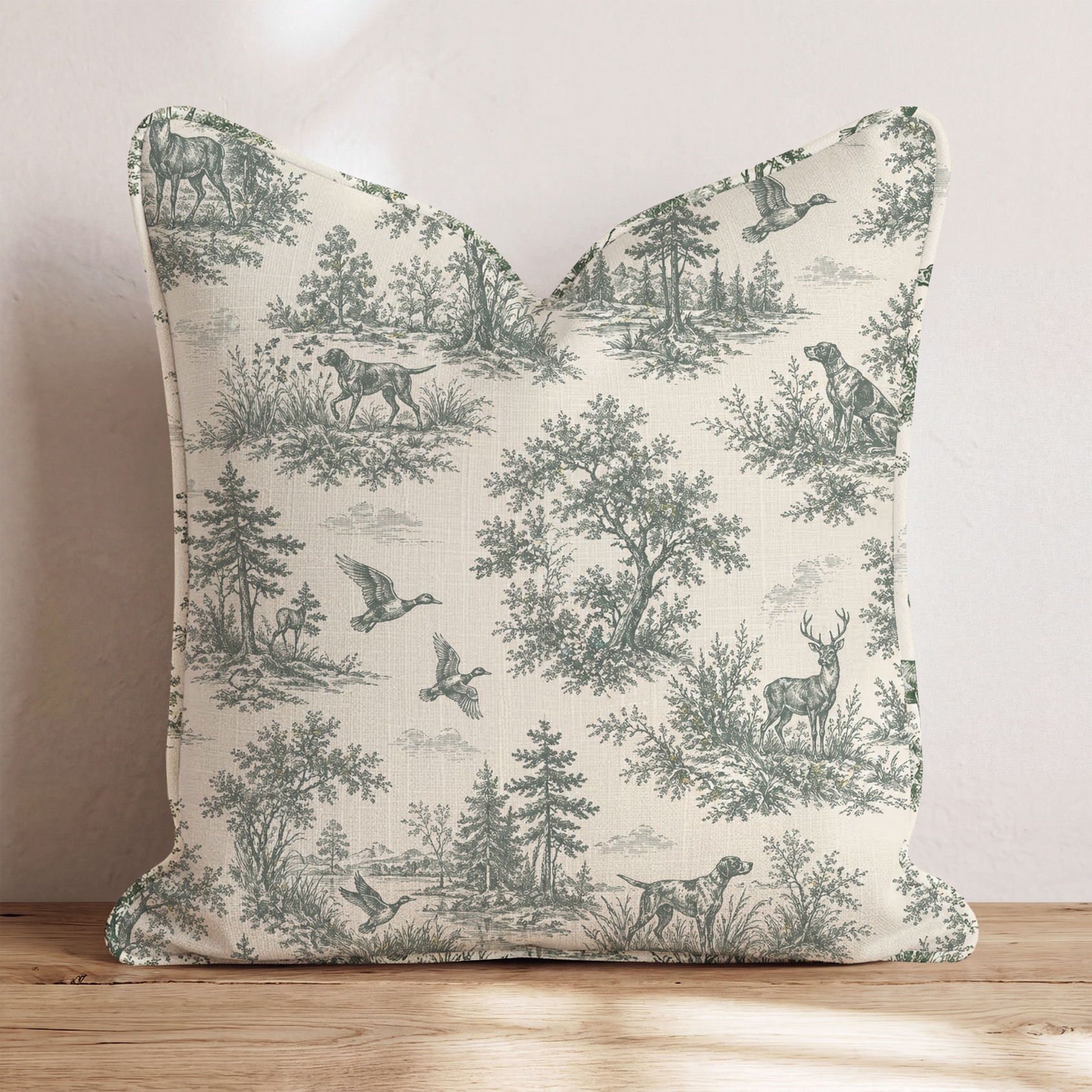 Hunting Toile Throw Pillow — Chopped 24x24 Piping