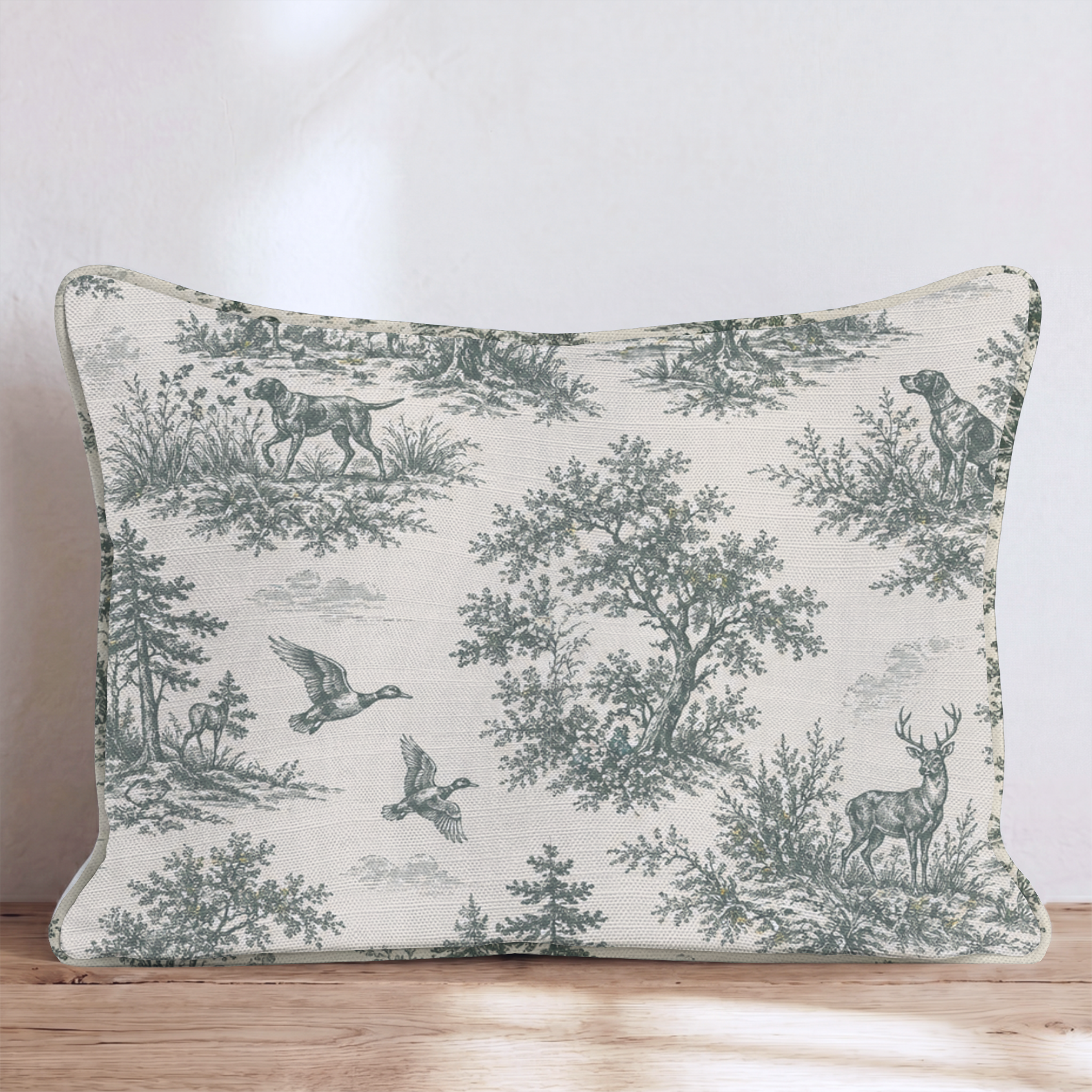 Hunting Toile Throw Pillow — Lumbar 14x20 Piping