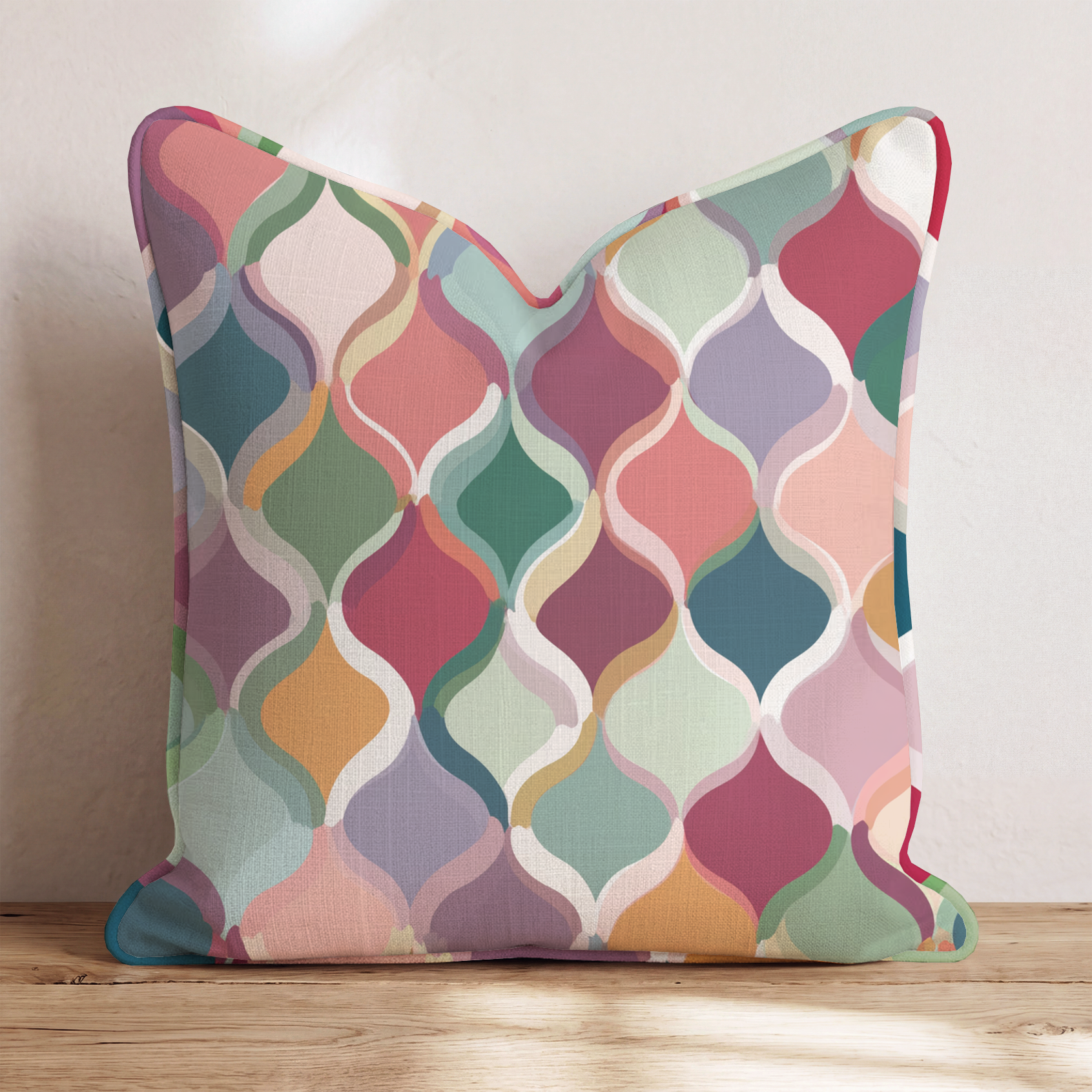 Kaleidoscope Block Three Throw Pillow — Chopped 24x24 Piping