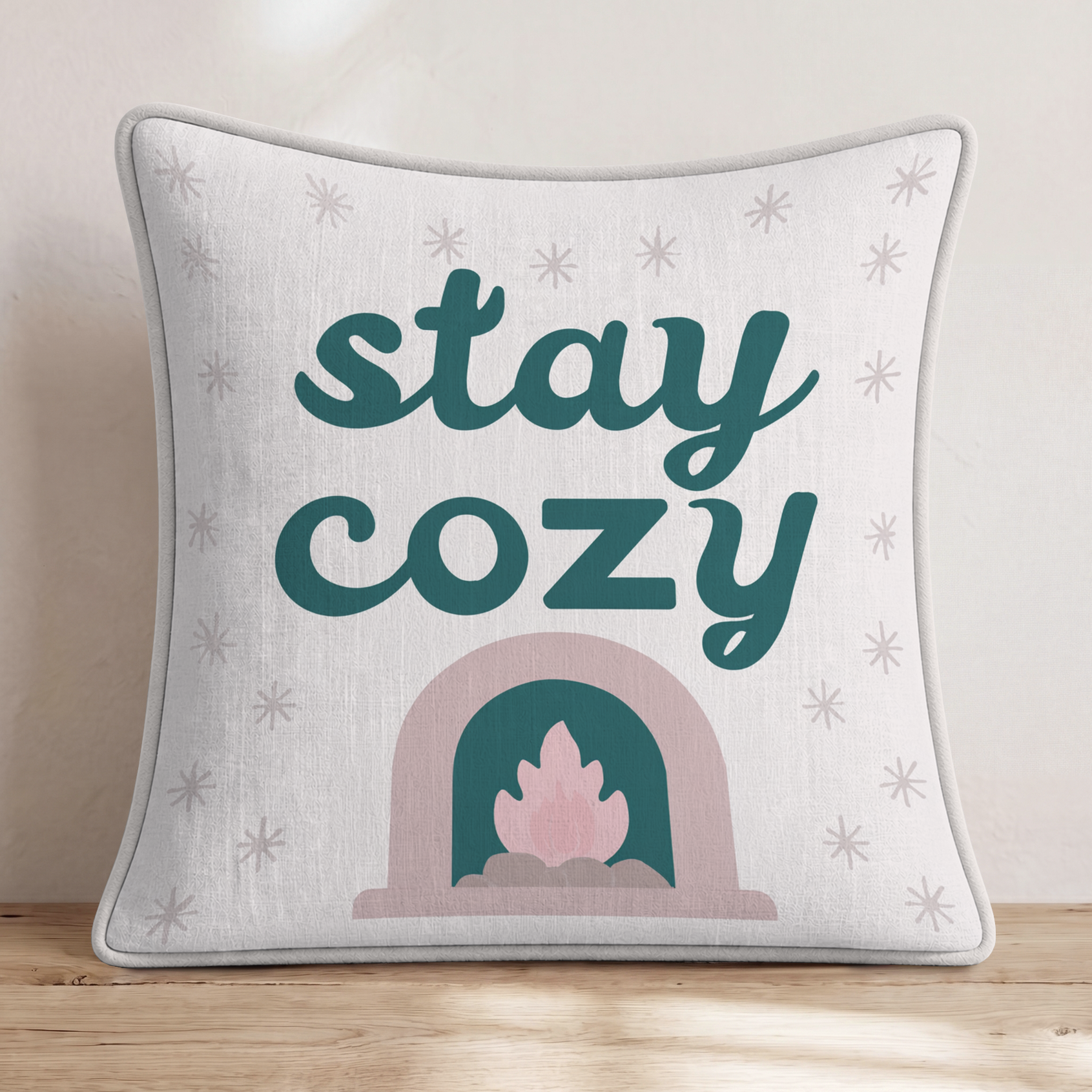 Stay Cozy By the Fire Throw Pillow — Piping