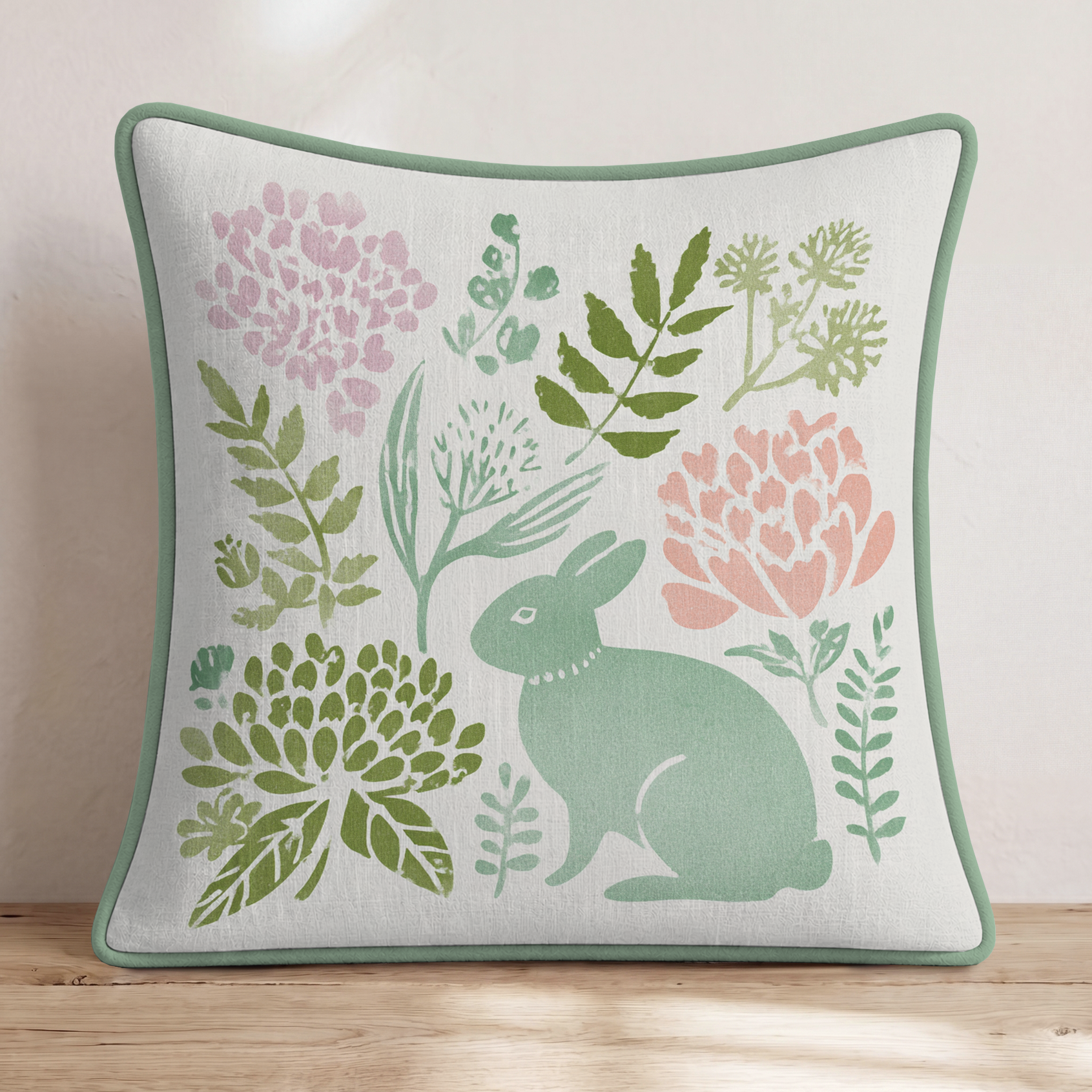 Rabbit Garden Throw Pillow — Piping