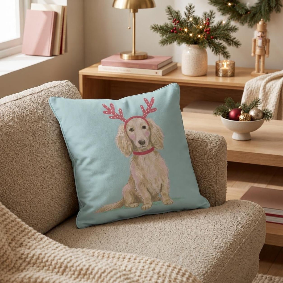 Antler Headband Dachshund Throw Pillow throw pillow - Hillcroft Home