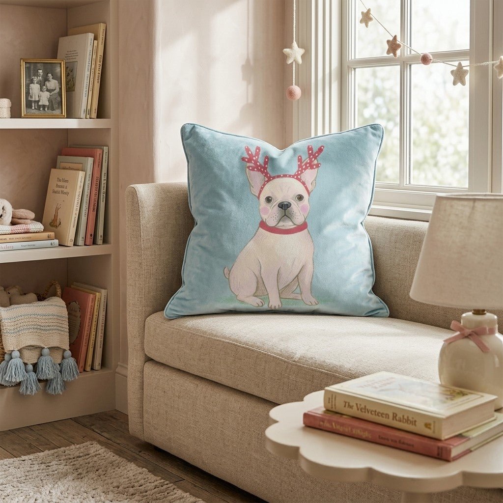 Antler Headband French Bulldog Throw Pillow - Hillcroft Home