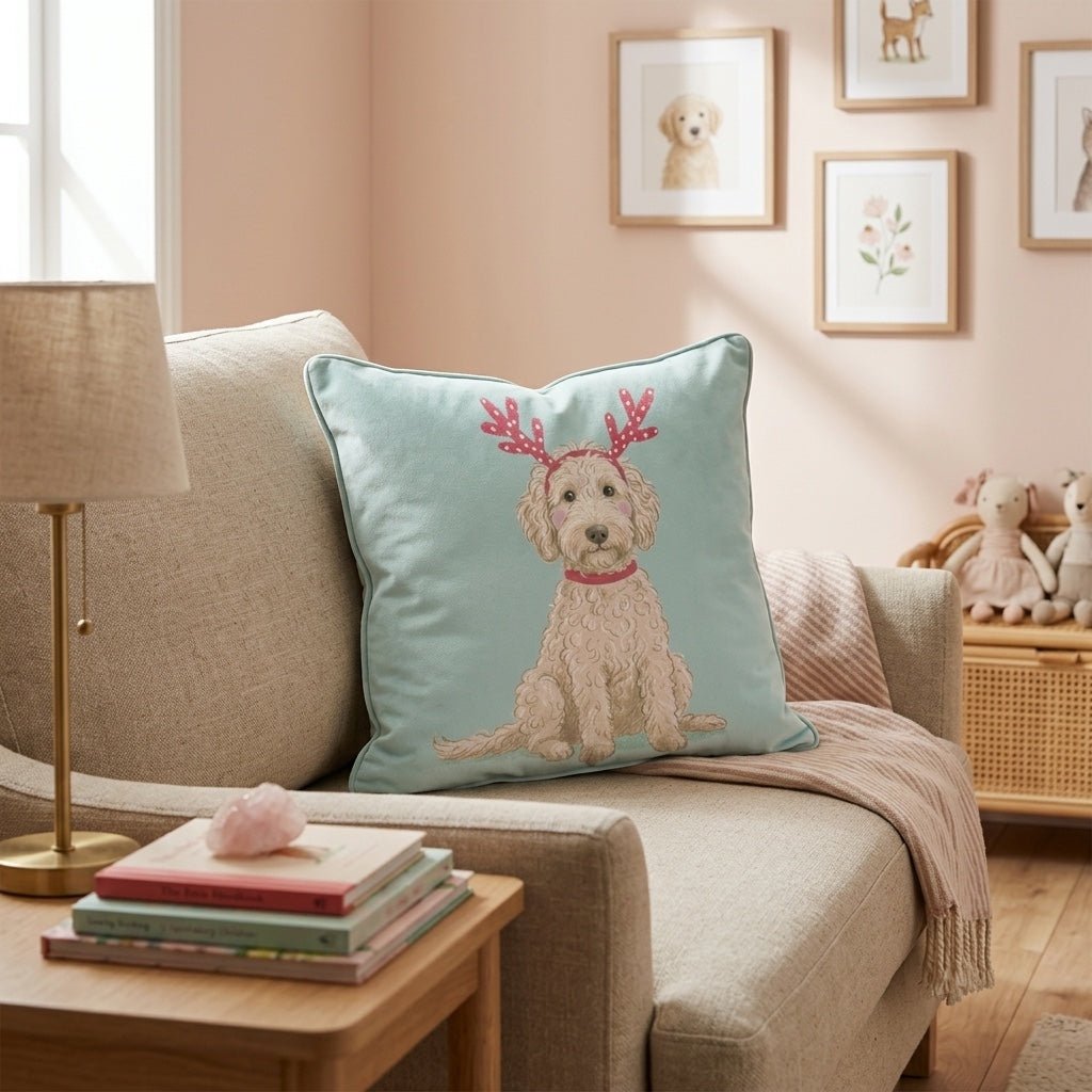 Antler Headband Goldendoodle Throw Pillow - Hillcroft Home