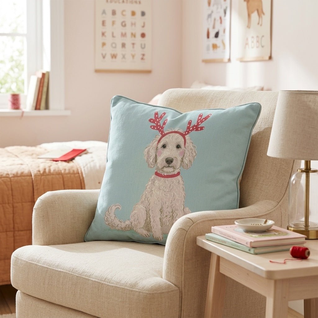 Antler Headband Labradoodle Throw Pillow - Hillcroft Home