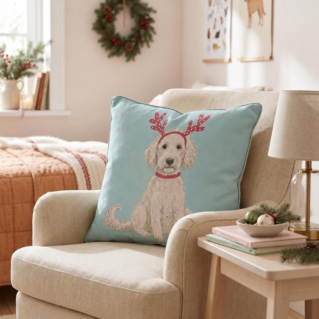 Antler Headband Labradoodle Throw Pillow throw pillow - Hillcroft Home
