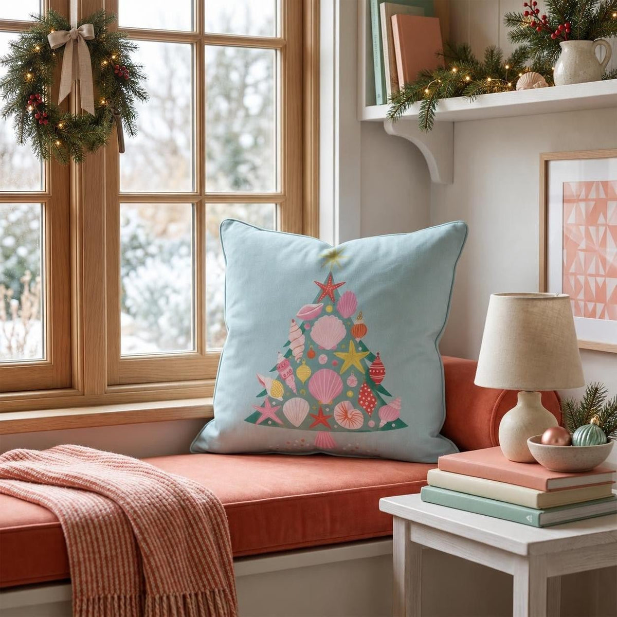 Aqua Shell Tree Throw Pillow throw pillow - Hillcroft Home