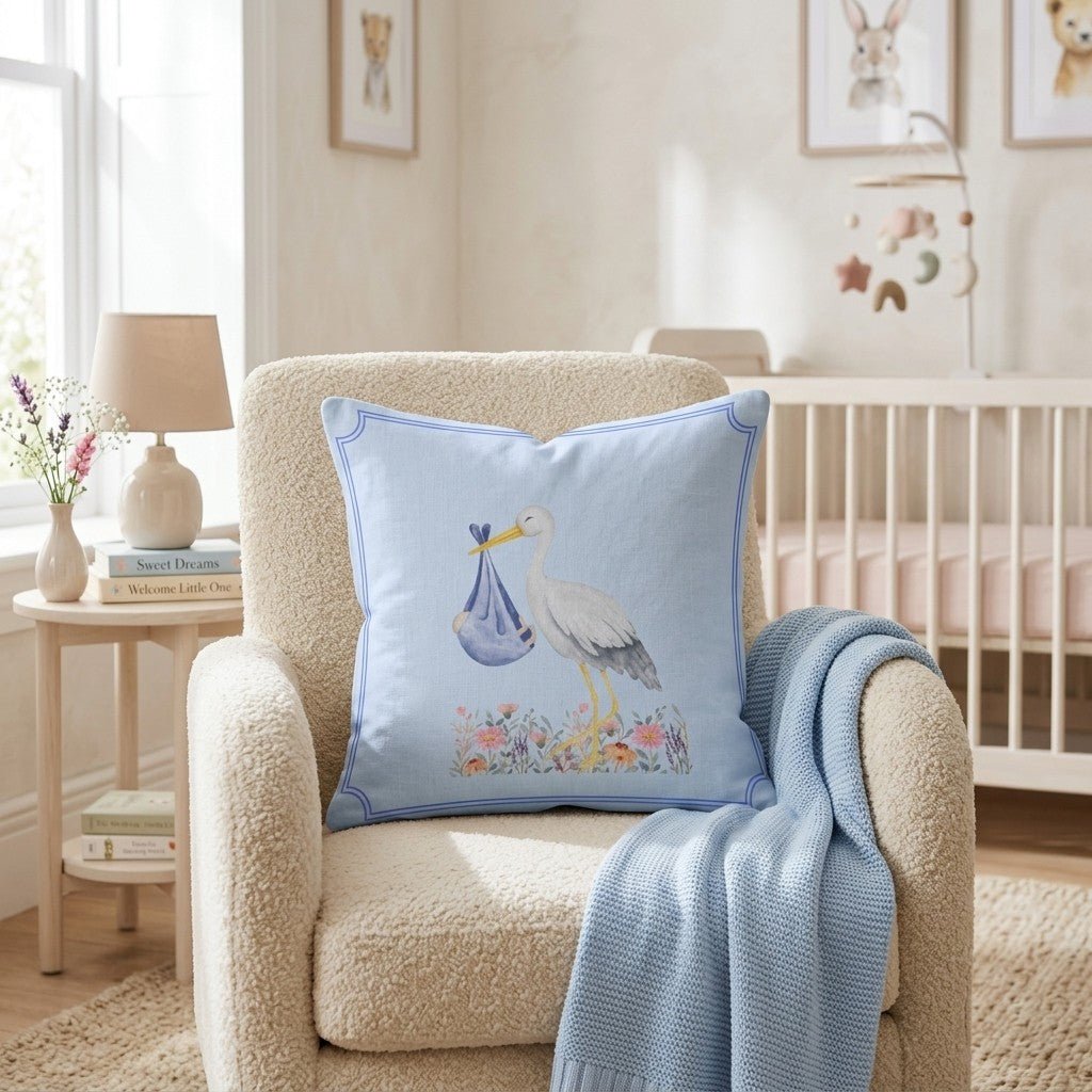 Baby Boy Stork Throw Pillow - Hillcroft Home