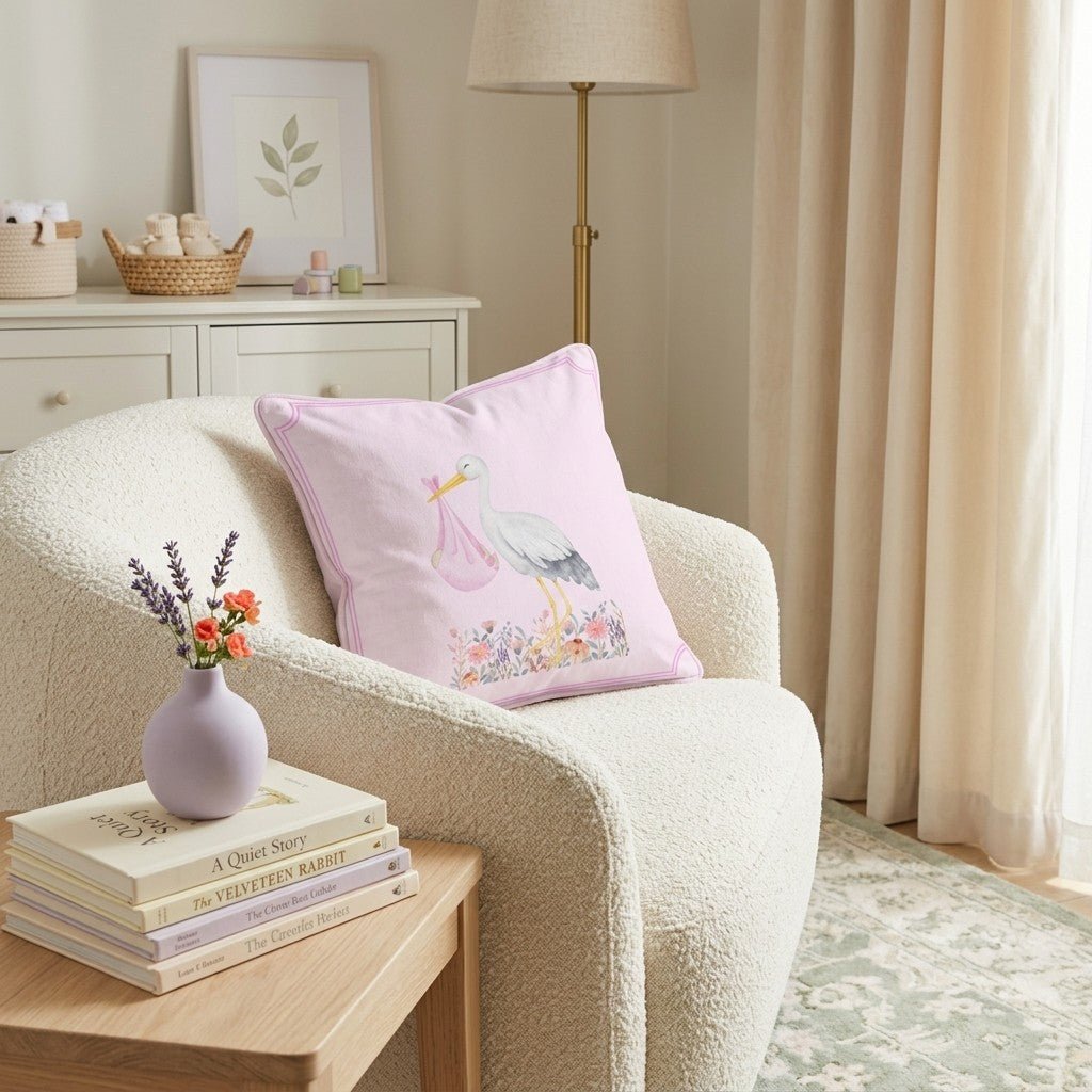 Baby Girl Stork Throw Pillow - Hillcroft Home
