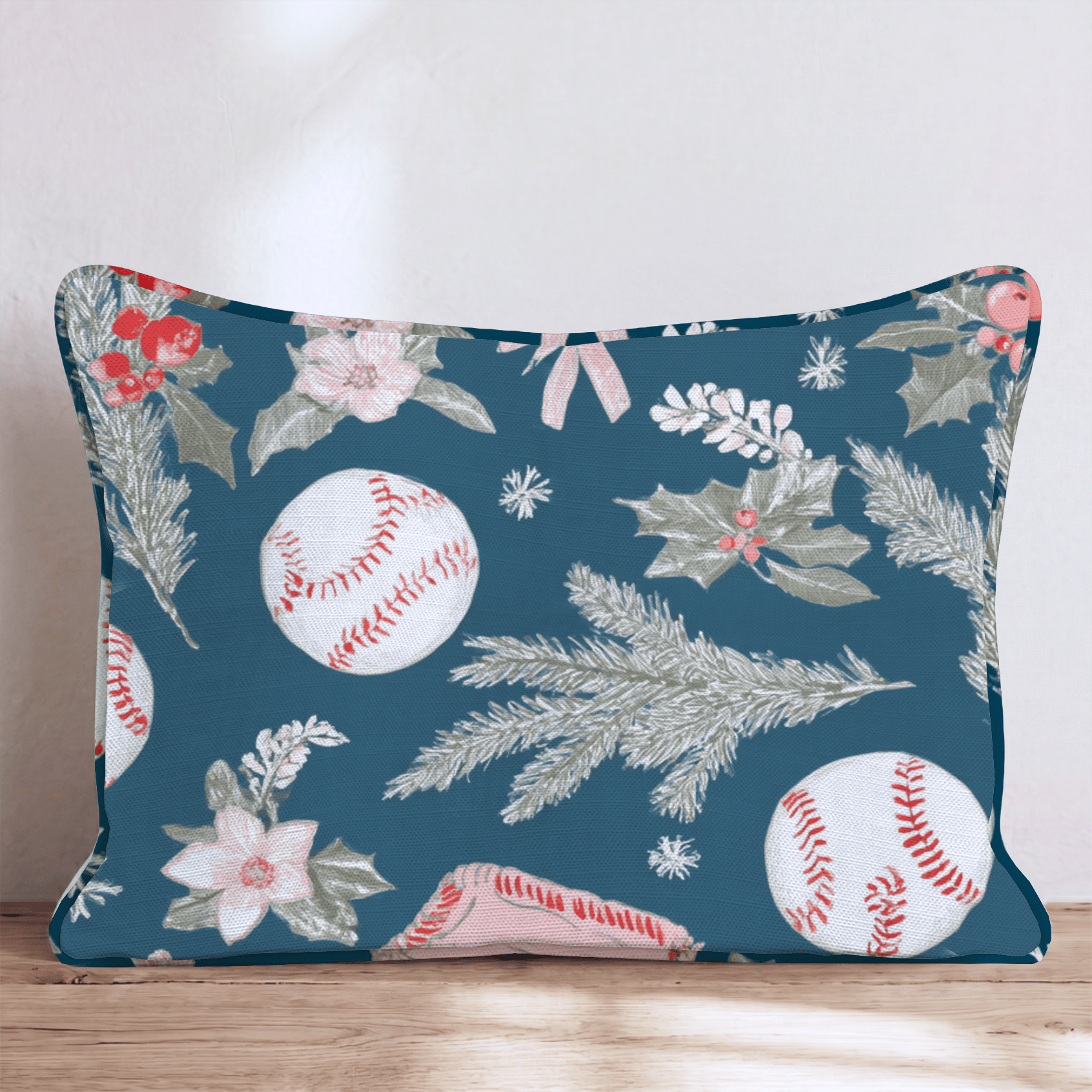 Baseball Holly Navy Throw Pillow - Hillcroft Home