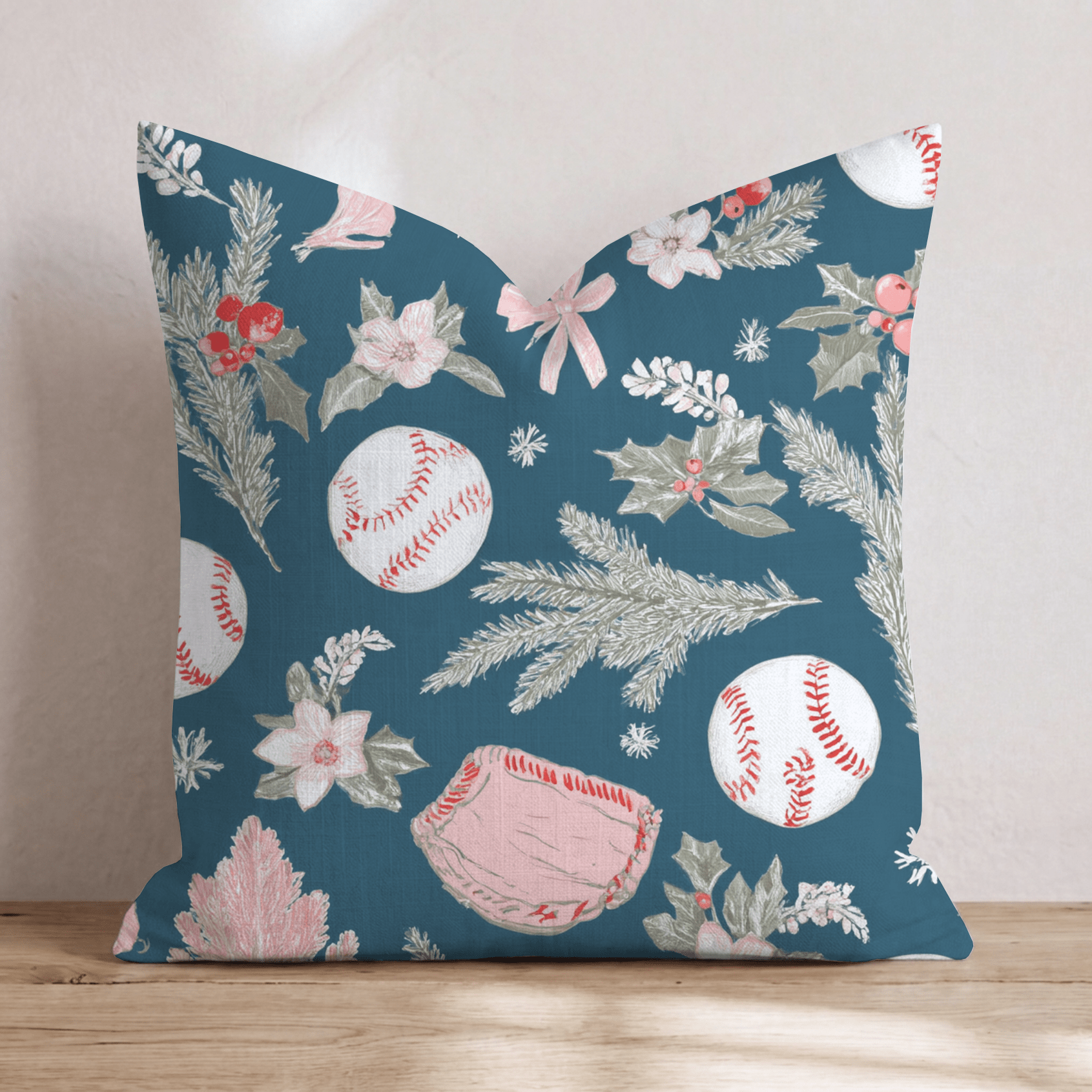 Baseball Holly Navy Throw Pillow - Hillcroft Home
