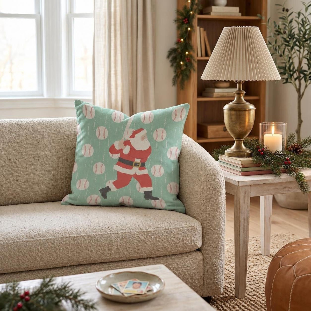 Baseball Pattern Santa Throw Pillow throw pillow - Hillcroft Home