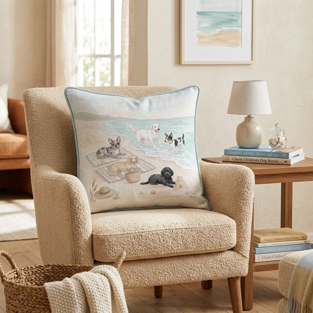 Benton Pups Beach Play Throw Pillow - Hillcroft Home