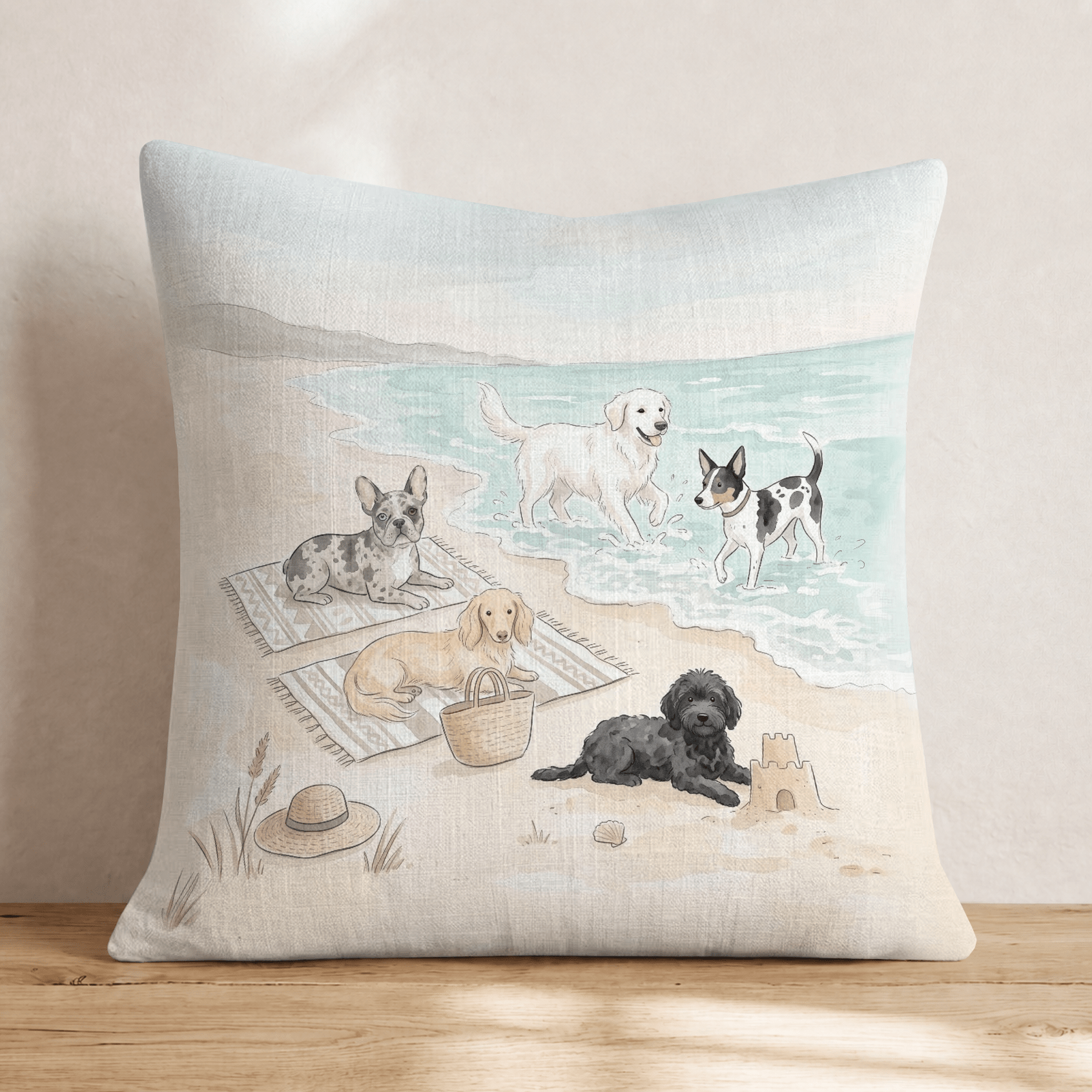 Benton Pups Beach Play Throw Pillow - Hillcroft Home