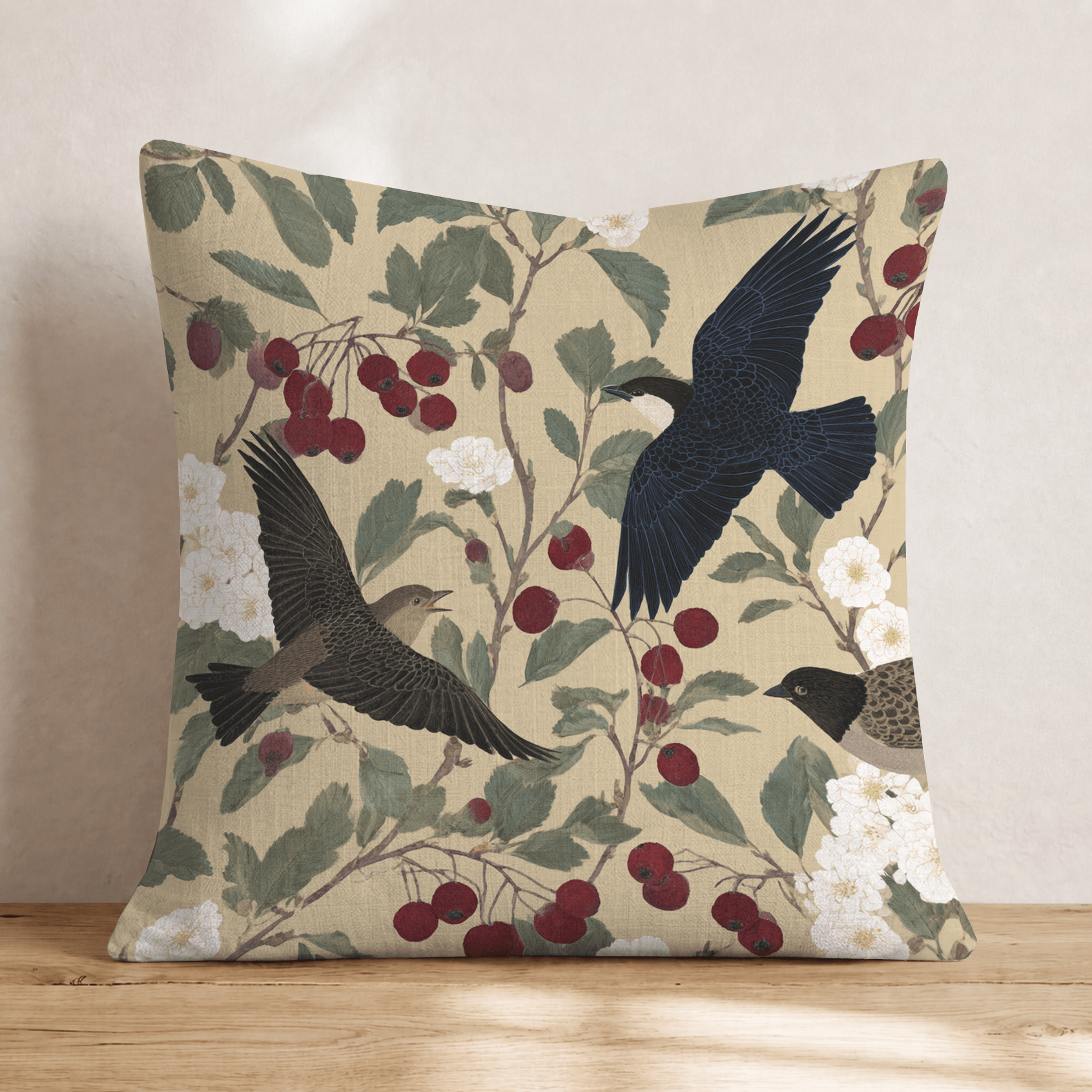 Birds and Berries Throw Pillow - Hillcroft Home