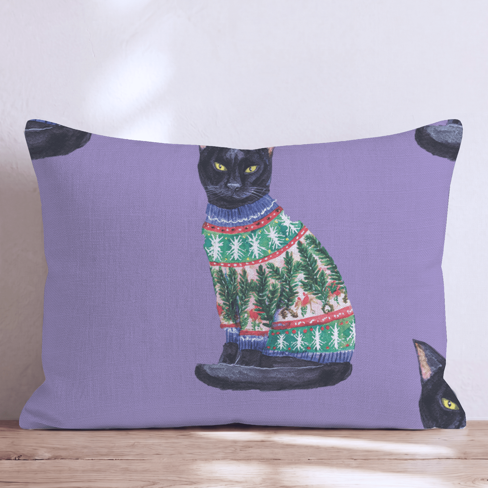 Black Cat Pine Sweater Throw Pillow - Hillcroft Home