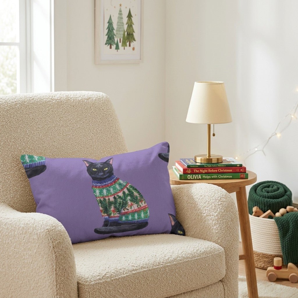 Black Cat Pine Sweater Throw Pillow - Hillcroft Home