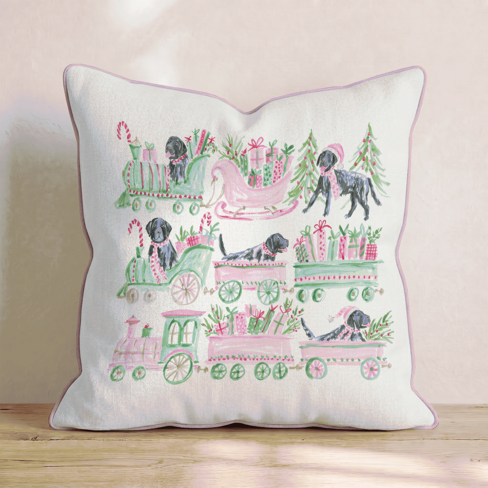 Black Lab Christmas Train Throw Pillow - Hillcroft Home