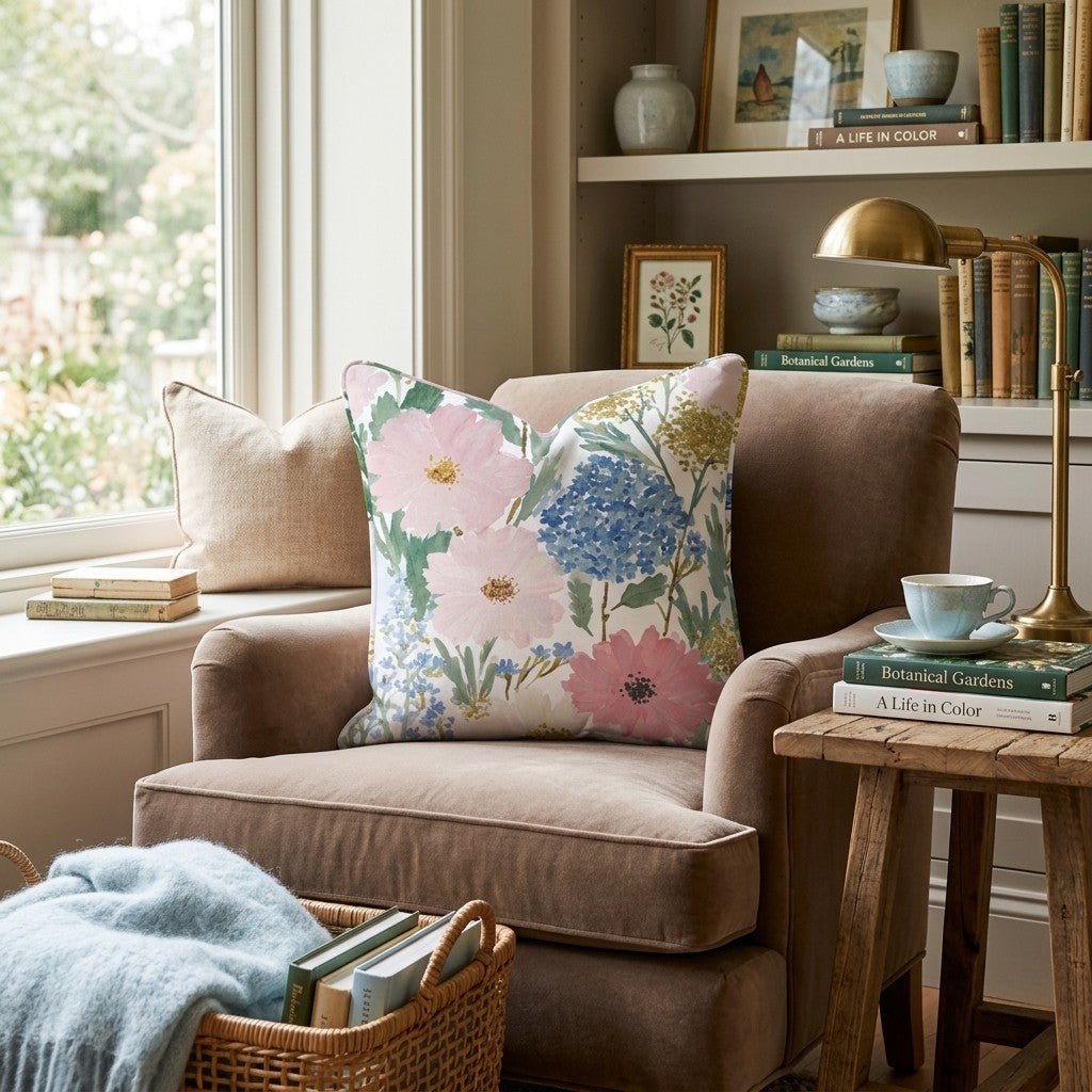 Blue and Gold Garden Throw Pillow - Hillcroft Home
