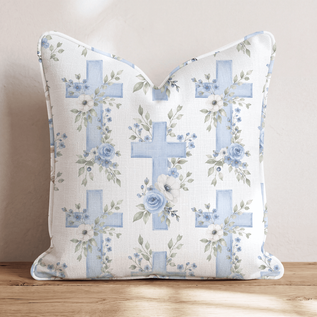 Blue and White Floral Cross Throw Pillow - Hillcroft Home