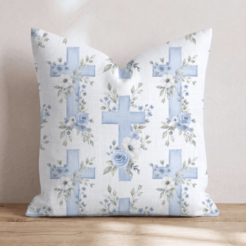 Blue and White Floral Cross Throw Pillow - Hillcroft Home