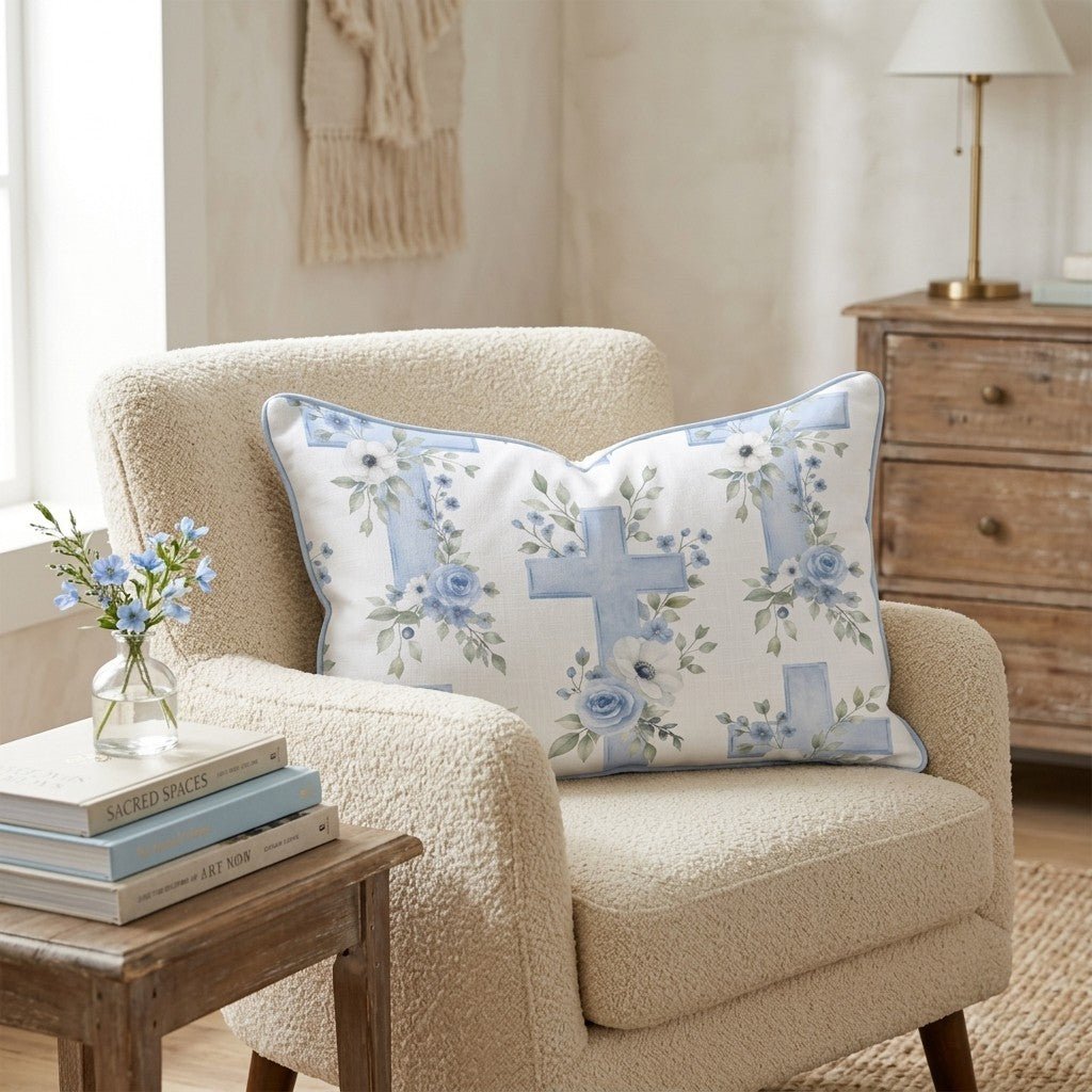Blue and White Floral Cross Throw Pillow - Hillcroft Home
