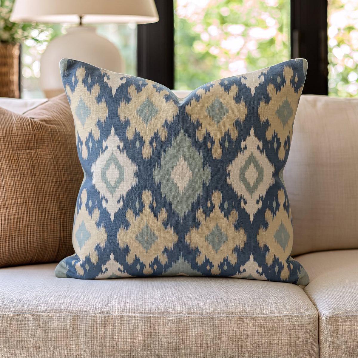 Blue Garden Ikat Throw Pillow throw pillow - Hillcroft Home