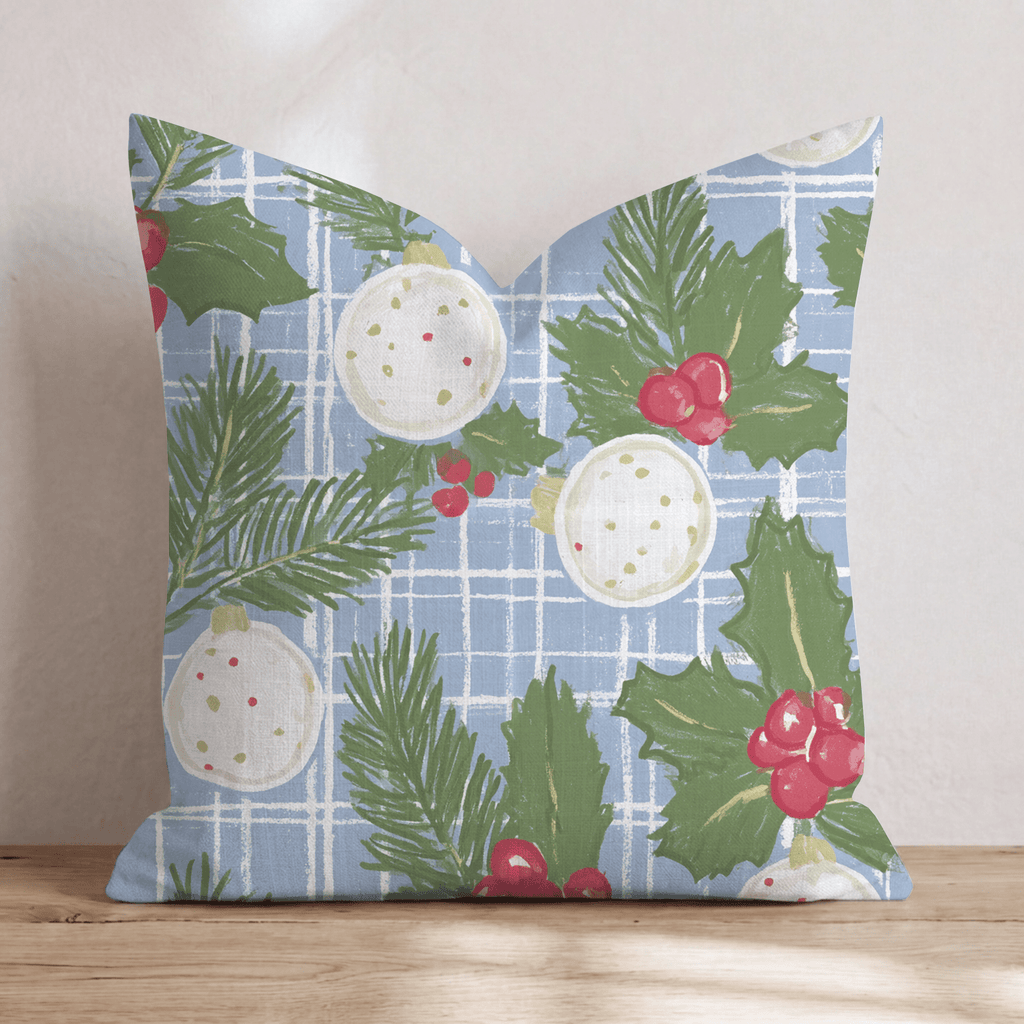 Blue Gingham Ornaments Throw Pillow - Hillcroft Home