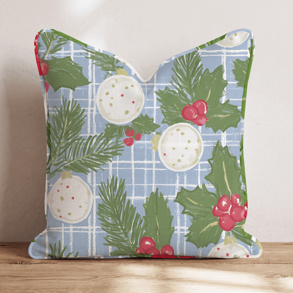 Blue Gingham Ornaments Throw Pillow - Hillcroft Home