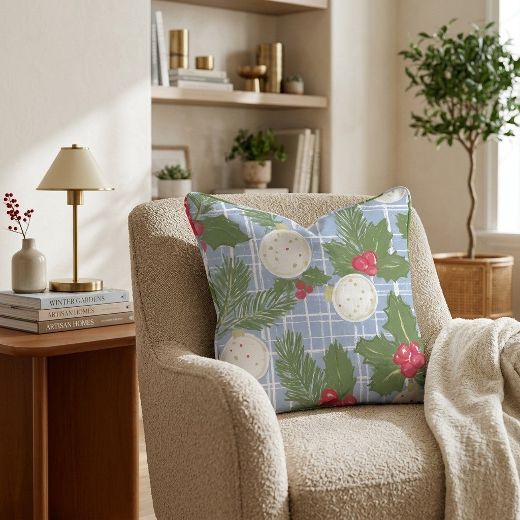 Blue Gingham Ornaments Throw Pillow - Hillcroft Home