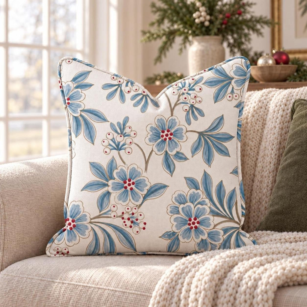 Blue Mistletoe Bloom Throw Pillow throw pillow - Hillcroft Home