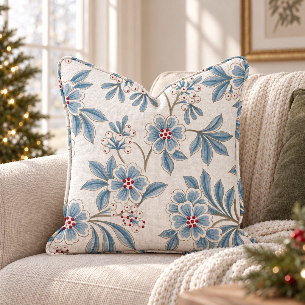 Blue Mistletoe Bloom Throw Pillow throw pillow - Hillcroft Home