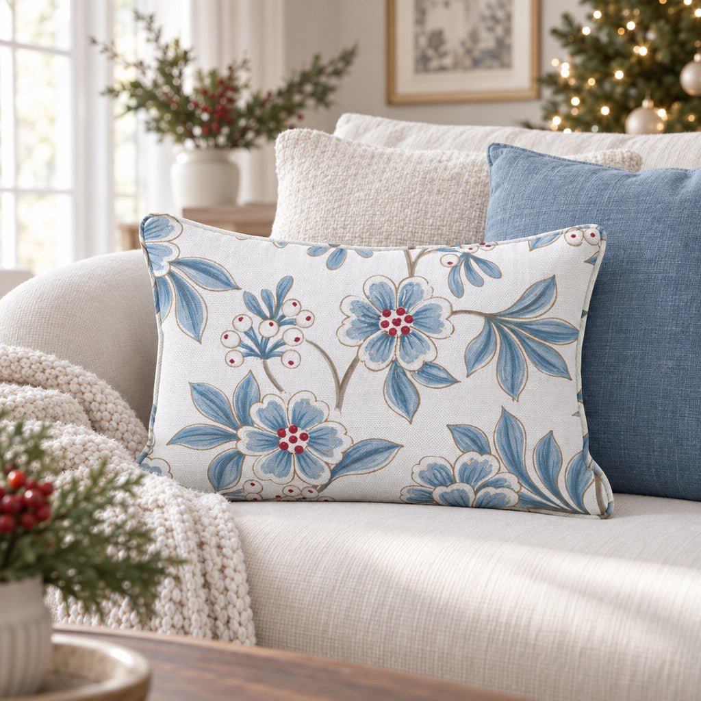 Blue Mistletoe Bloom Throw Pillow throw pillow - Hillcroft Home