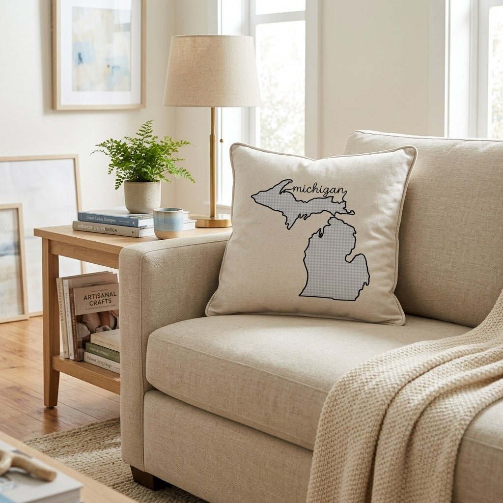 Blue Plaid Michigan Throw Pillow - Hillcroft Home