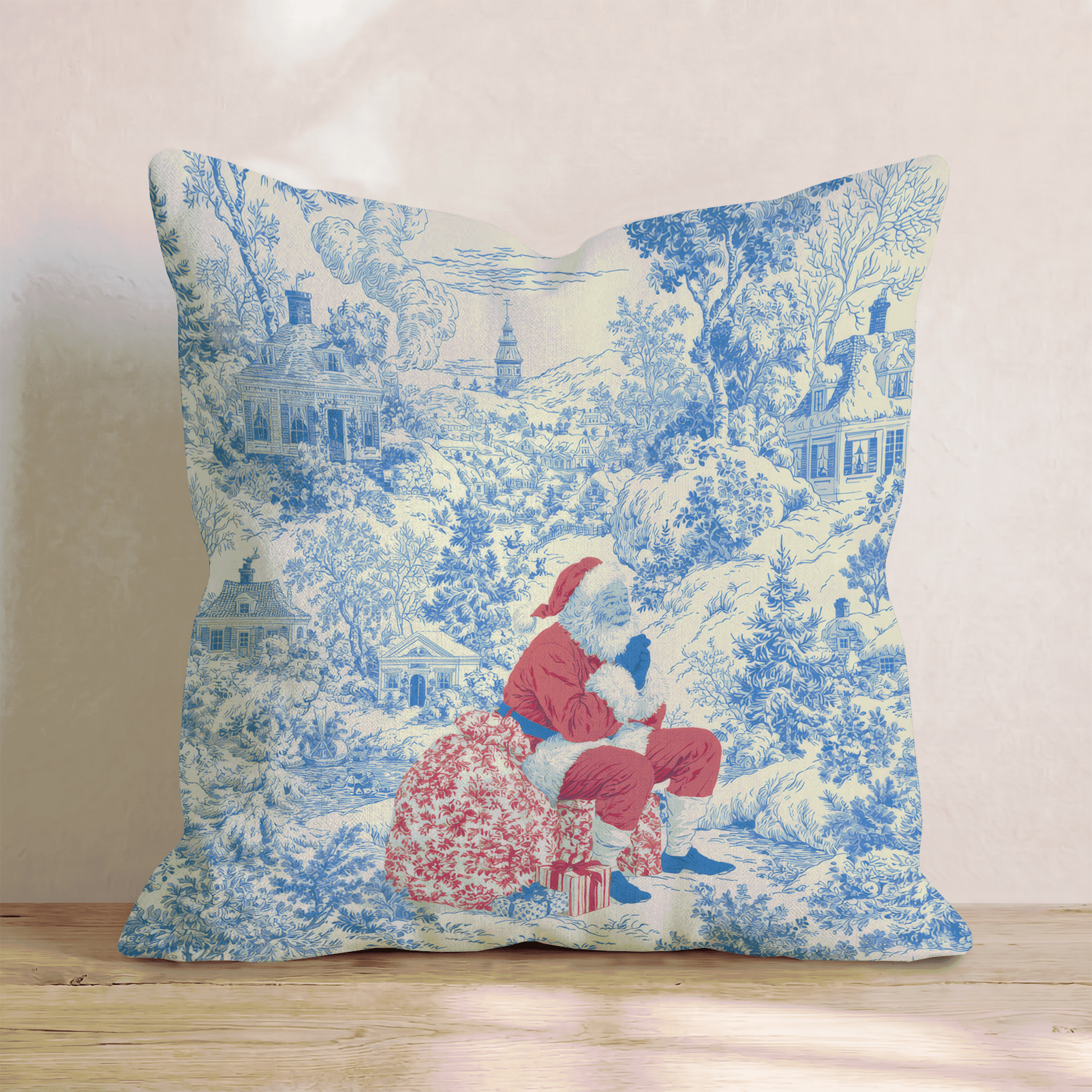 Blue Toile Santa Throw Pillow - Hillcroft Home